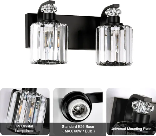 Miniatura 3 de Lámparas de baño negras con pantalla de cristal K9, iluminación de baño sobre espejo, luces de tocador para sala de estar, dormitorio, baño