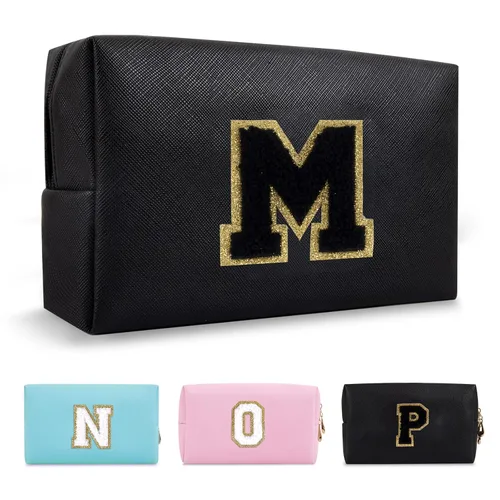 Miniatura 305 de Pequeña bolsa de maquillaje personalizada con inicial A-Z Preppy Patch, bolsa de cosméticos de viaje de felpilla blanca con cremallera, bonita bolsa