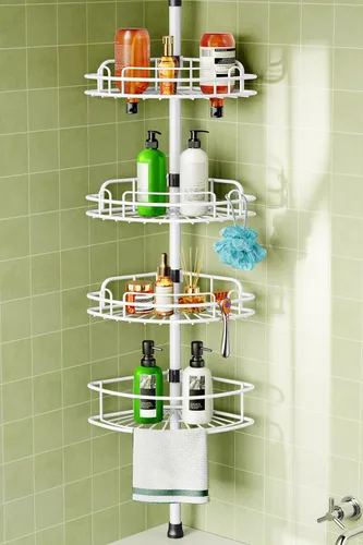 Miniatura 10 de HAMITOR Organizador de Ducha de Esquina con Barra de Tensión: Estanterías Ajustables de 4 Niveles Resistente a la Oxidación - 120-206 Cm Instalación