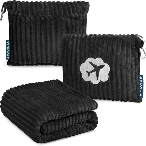 PAVILIA Manta de viaje y almohada, suave manta de avión de forro polar acanalado con bolsa, manta compacta de avión plegable de 65 x 40 pulgadas con