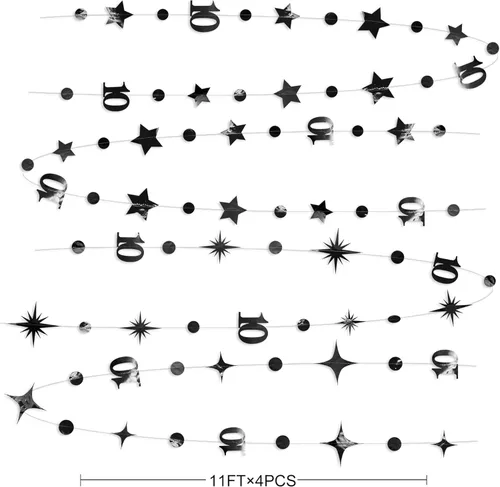 Miniatura 2 de Decoraciones negras de cumpleaños número 10, guirnalda de estrellas centelleantes con diseño de círculos, telón de fondo metálico para niñas, niños