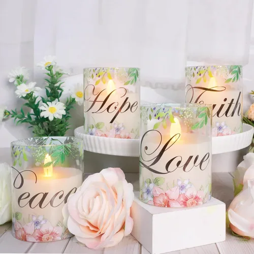 Miniatura 3 de Velas sin llama de Navidad de cristal con llama parpadeante, velas de cera real florales LED con control remoto - Juego de 4 para decoración