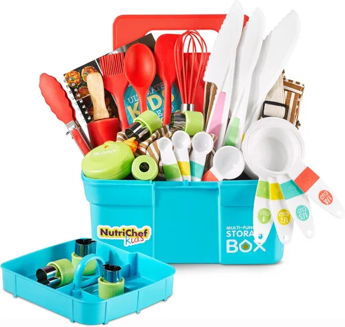NutriChef Juego de cocina y horneado para niños, juego completo de cocina para niñas y niños, incluye delantal de pequeño chef. Suministros de