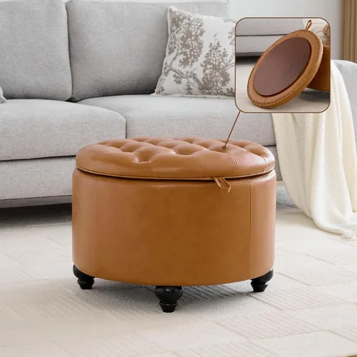 Miniatura 10 de WUTUTUEE Otomana redonda de almacenamiento de 24 pulgadas con bandeja, mesa de café circular tapizada moderna con almacenamiento, otomana tapizada