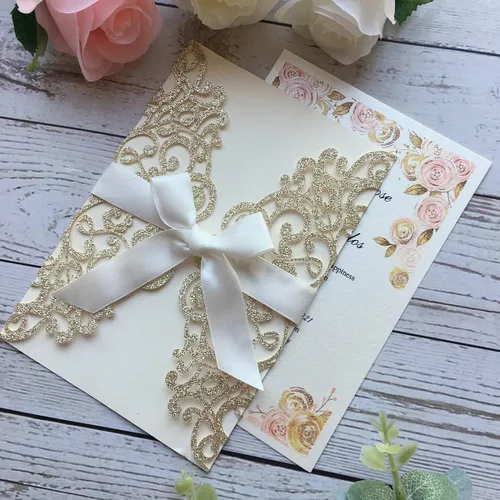 Miniatura 5 de Kit de invitaciones de boda de 5.12 x 7.28 pulgadas, 20 unidades de champán en blanco, con purpurina, cortadas con láser, tarjetas de invitación