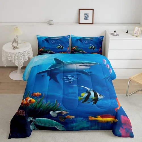Miniatura 46 de Erosebridal Blue Ocean - Juego de edredón tamaño individual Juego de ropa de cama de ballena delfín y tortuga marina para niños y niñas, juego