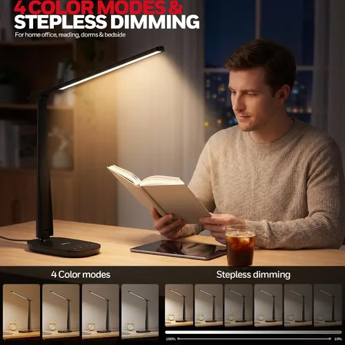Miniatura 3 de Honeywell Lámpara de escritorio LED para oficina en casa, luz de lectura regulable con 4 modos de color, control táctil, puertos de carga USB-A