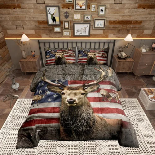 Miniatura 4 de Juego de edredón de ciervo con bandera americana tamaño Queen, edredones con temática de animales salvajes y árboles color marrón para niños