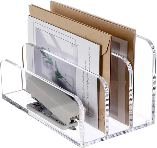 SANRUI Organizador de Archivos de Acrílico para Escritorio, Organizador de Correo con 3 Compartimentos en Escalera Transparente, Organizador de