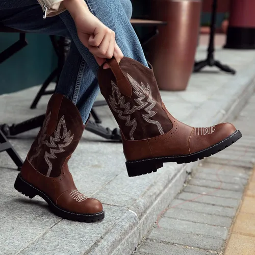 Miniatura 2 de Hawkwell Botas vaqueras occidentales de media pantorrilla para mujer, punta redonda, bordadas a la moda