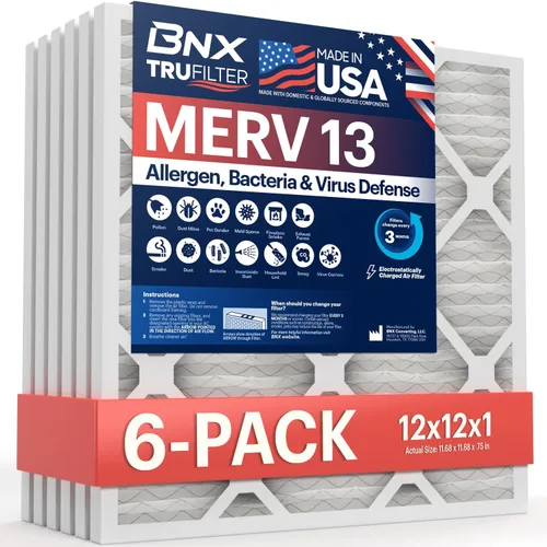 BNX MERV 13 - Filtro de aire plisado electrostático, 12 x 12 x 1 pulgadas (6 pzas), fabricado en EE. UU., filtros de aire HVAC para alergias, polen,