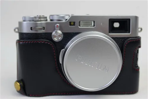 Funda X100F, hecha a mano de piel sintética para media cámara, versión de apertura inferior para Fujifilm Fuji X100F con correa de mano, color negro