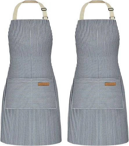 NLUS Paquete de 2 delantales de cocina para mujeres con bolsillos, delantales de cocina ajustables, delantales de chef para mujeres y hombres (rayas