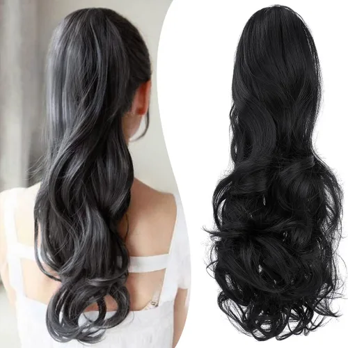 Miniatura 26 de Extensión de cola de caballo con clip de garra, extensiones de cabello ondulado de 18 pulgadas, cola de caballo larga para mujer, extensiones