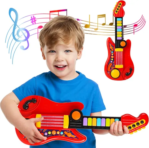 Guitarra-Piano Infantil 2-en-1 Instrumento Musical, Guitarra para Niños Pequeños de 3-5 Años, Niños y Niñas, Juguete Educativo Ajustable, para Rojo