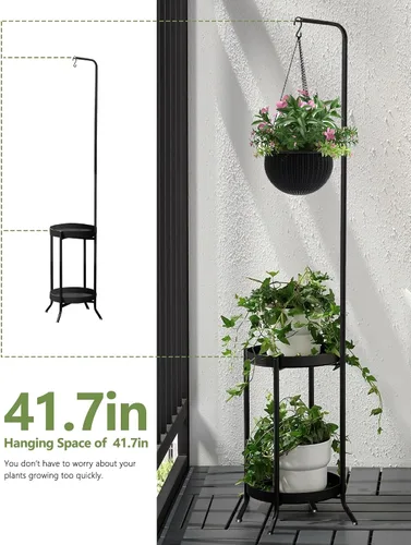 Miniatura 5 de RINBOU Soporte para plantas colgantes para interiores y exteriores, estante esquinero de metal para 3 macetas, 2 niveles de 61 pulgadas de alto