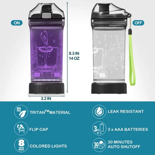 Miniatura 5 de YuanDian Botella de agua para niños con luz LED 3D - 14 onzas Tritan libre de BPA ecológica - 7 colores luz tazas de bebida geniales, regalo