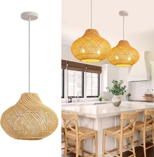 Miniatura 16 de Lámpara Colgante de Ratán de 1 Luz, 13.78" Luz Colgante de Ratán de Bambú Tejida a Mano, Candelabro de Mimbre para Isla de Cocina, Restaurante, Sala