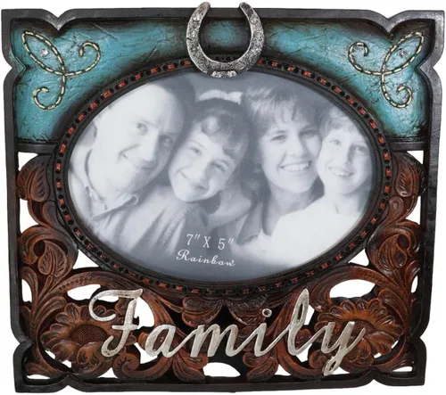 Ebros Gift Rustic Western Family - Marco de fotos de piel sintética turquesa y resina de madera tallada, 7 x 5 pulgadas, con caballete trasero,