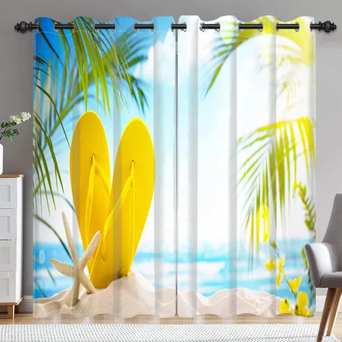 Miniatura 12 de Renaiss Cortinas opacas con diseño de mar tropical, nublado, cielo azul y verde azulado, estrella de mar transparente en playa arenosa, sala