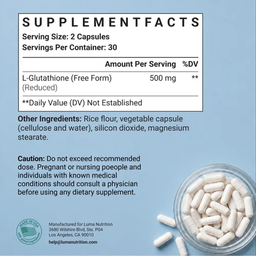 Miniatura 6 de Luma Nutrition Suplemento premium de glutatión - 500 mg - L-glutatión - Soporte antioxidante - Reducido - Soporte hepático - 60 cápsulas
