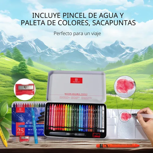 Miniatura 7 de iCrayon 25 colores pasteles solubles en agua, juego de pastel de acuarela para principiantes y aficionados, incluye sacapuntas, paleta y pincel