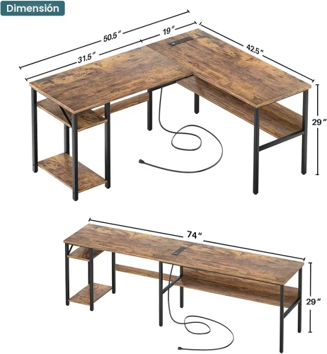Miniatura 3 de Unikito Escritorio para computadora en forma de L con tomas de corriente mágicas y puerto de carga USB, escritorio esquinero reversible resistente