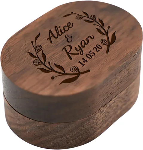 Caja de anillo de boda personalizada para ceremonia, caja de anillo ovalada de madera, caja de soporte para anillos de boda para él y ella, caja de