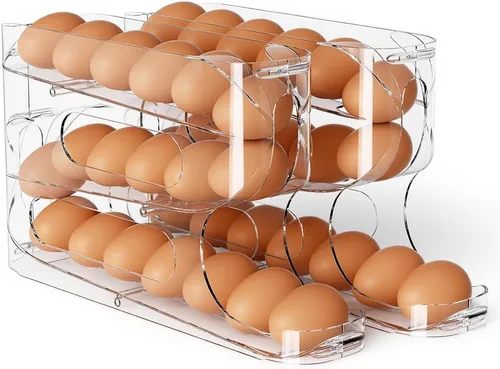 Miniatura 9 de Sotfamily Soporte transparente para huevos para refrigerador, dispensador automático de huevos para huevos, 18 unidades, diseño FIFO, rodillo