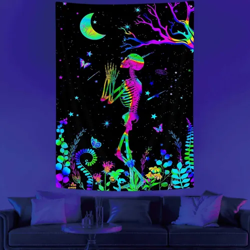 Miniatura 3 de MCKTOM Divertido tapiz de pared con luz negra, diseño de calavera y luna, diseño de esqueleto, meditación, espiritual, trippy, bohemio, flores