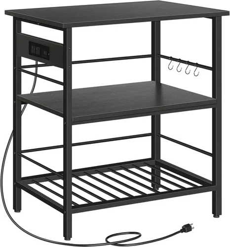 HOOBRO Isla de Cocina con Almacenamiento, Mesa de Isla de Cocina con Toma de Corriente, 35.4" L Estación de Café de 3 Niveles y Soporte para Negro