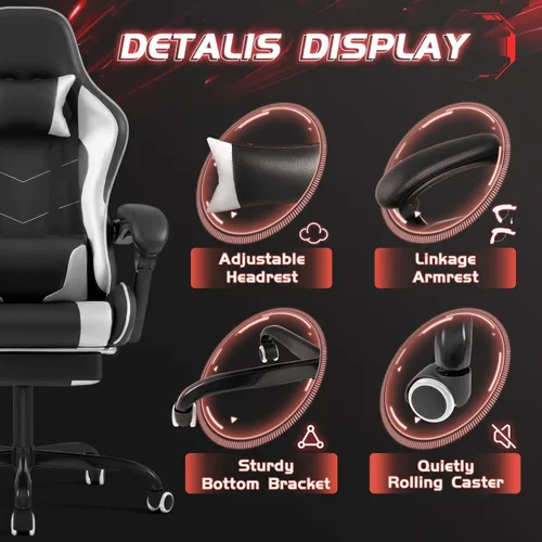 Miniatura 8 de Shahoo Silla de juegos con reposapiés y soporte lumbar de masaje, sillas ergonómicas para computadora giratorias de 360° y asiento ajustable