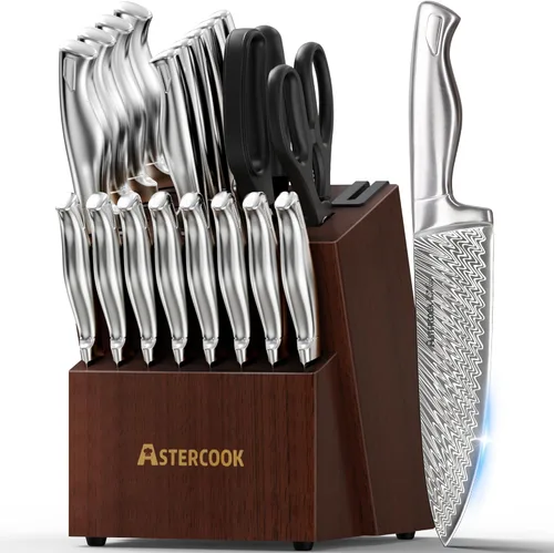 Astercook - Juego de cuchillos de cocina de 21 piezas con afilador integrado, juego de bloques de cuchillos de acero inoxidable alemán, cuchillos