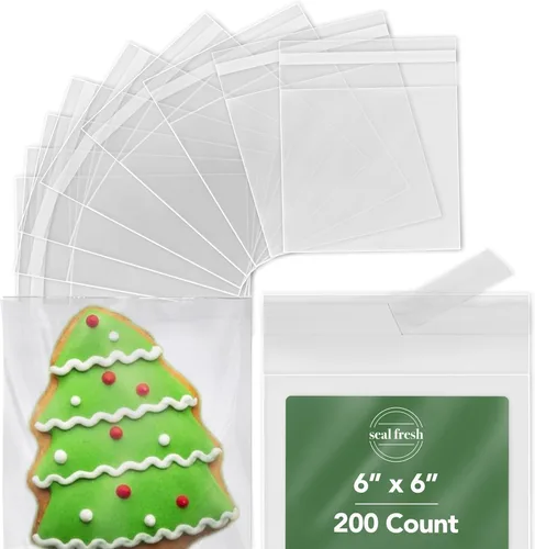 Seal Fresh Bolsas de celofán de 6 x 6 pulgadas, paquete de 200 bolsas transparentes autoadhesivas resellables para galletas, dulces, pasteles,