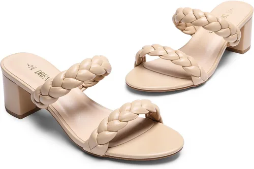 Miniatura 3 de DREAM PAIRS Zapatos de tacón bajo con dos correas trenzadas para mujer, puntera abierta, tacón grueso, sandalias de tacón grueso, para fiestas