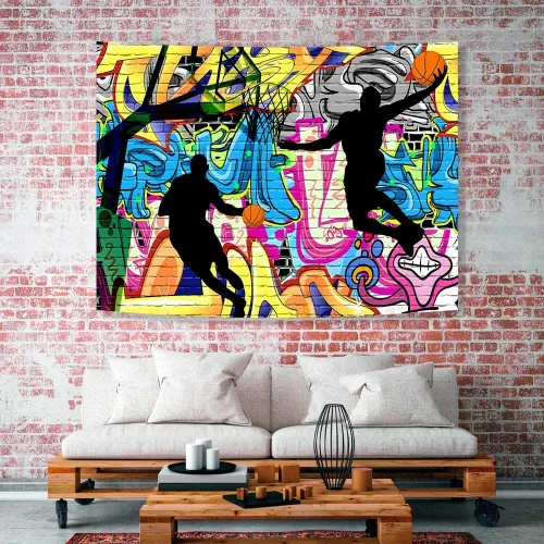 Miniatura 2 de Ine Ive Tapiz deportivo de baloncesto con graffiti nostálgico, póster de pared de arte callejero de 40 x 30 pulgadas para niños, silueta de tiro