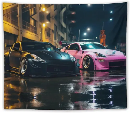 Miniatura 10 de FeoYoed Jdm - Tapiz japonés para automóvil, 350z, color negro y rosa, para estacionar, estación lluviosa, calle, pared, arte de pared