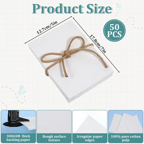 Miniatura 2 de 50 hojas de papel texturizado de 5 x 7 pulgadas, papel de acuarela con borde deckle borde, papel de acuarela de prensa en frío de 140 libras/300