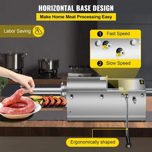 Miniatura 4 de Happybuy Embutidora de salchichas horizontal 3L/7 libras, máquina manual de embutido con 5 boquillas de relleno, máquina de relleno de salchichas