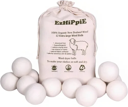 Bolas de secado de lana de calidad Ezhippie - 12 unidades XL - Más de 1000 cargas - Lana orgánica pura - Suavizante de tela natural reutilizable,