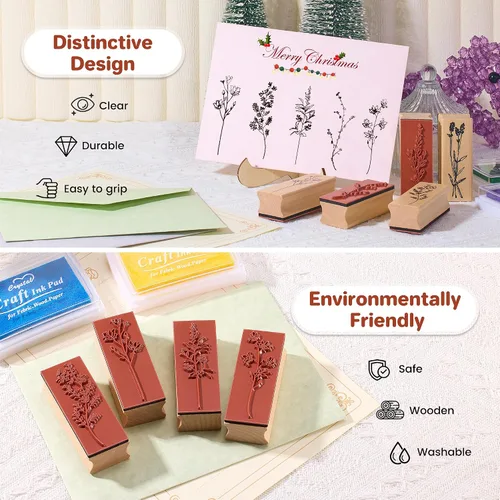 Miniatura 4 de 12 sellos de goma con almohadillas de tinta para manualidades, sellos de madera de flores y plantas con almohadillas de tinta para sellos, juego