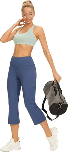 Miniatura 6 de AFITNE Pantalones de yoga capri de longitud completa para mujer, con bolsillos, cintura alta, acampanados, para entrenamiento, pantalones de trabajo