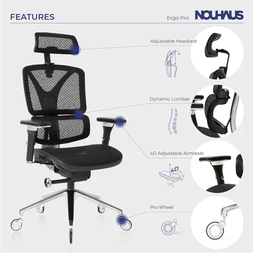 Miniatura 5 de Nouhaus Silla ergonómica de oficina con respaldo lumbar de aleación de aluminio, respaldo alto, silla de escritorio de computadora con reposacabezas