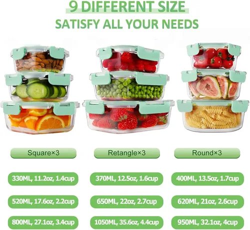 Miniatura 2 de HOMBERKING - Contenedores de vidrio con tapa para alimentos (18 piezas), contenedores de vidrio para comidas preparadas, cajas de vidrio herméticas