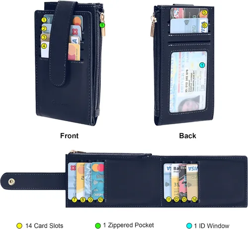 Miniatura 4 de Chelmon Billetera de mujer delgada con bloqueo RFID plegable multitarjetas con bolsillo con cremallera, Azul marino, Talla única, Minimalista