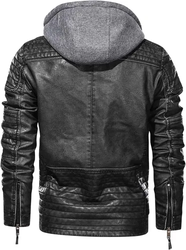 Miniatura 3 de MANSDOUR Chaqueta de piel sintética para hombre, color negro cálido, chaqueta bomber para motocicleta con capucha extraíble