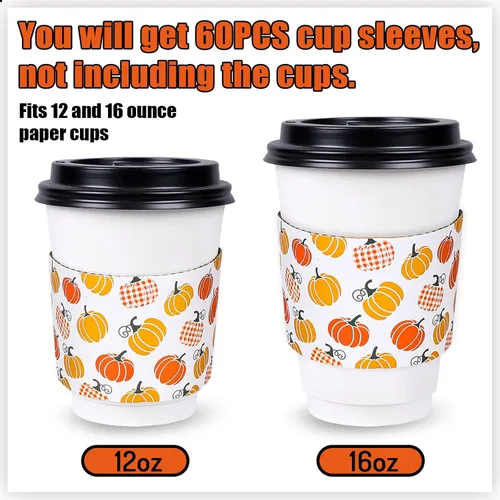 Miniatura 3 de Whaline Paquete de 60 fundas para tazas de té de café de Acción de Gracias, color naranja otoño, patrón simple, funda de papel, desechable para taza