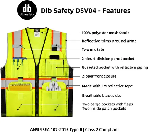 Miniatura 4 de Dib Safety - Chaleco reflectante amarillo de malla, chaleco de alta visibilidad con bolsillos y cremallera, ANSI clase 2 de servicio pesado, hecho