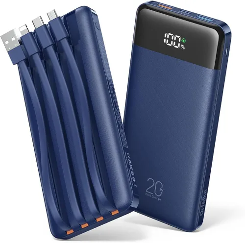 Miniatura 12 de Orfeika Banco de Energía 20000mAh de Carga Rápida, Cargador Portátil con 4 Cables Integrados y 6 Salidas, Paquete de Batería USB C PD de 20W Lavanda