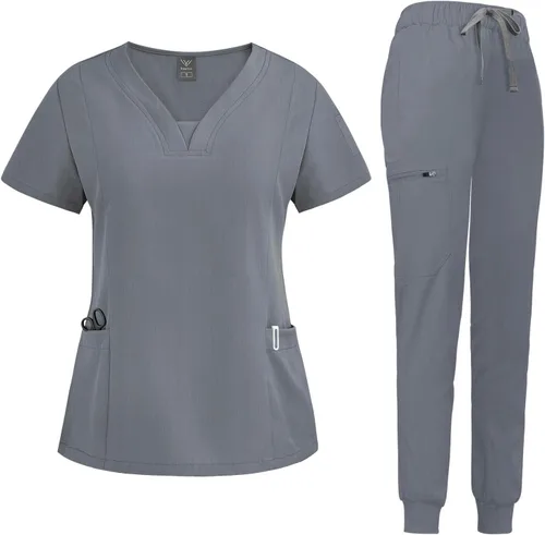 niaahinn Conjunto de traje médico para mujer, moderno top con cuello en V y pantalones deportivos de pierna cónica con cordón de ajuste, conjunto de